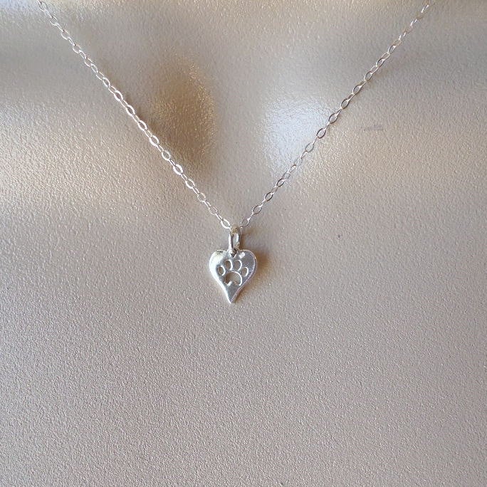 Heart Necklace, Silver Heart with Paw Print Cutout Necklace, Sterling Silver Necklace, Layering Necklace, Christmas Gift, Mothers Day Gift