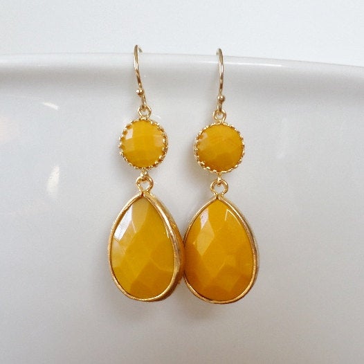 Yellow Earrings - Mustard yellow Earrings - Framed stone earrings - Drop Earrings - Gold Earrings - Bridal - Weddings - Mothers Day Gifts