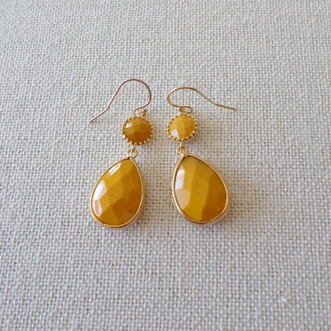 Yellow Earrings - Mustard yellow Earrings - Framed stone earrings - Drop Earrings - Gold Earrings - Bridal - Weddings - Mothers Day Gifts