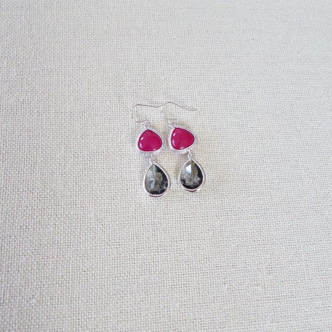 Pink and Grey Earrings - Fuschia and Charcoal Earrings - Silver Earrings - Gray Earrings - Weddings - Bridal - Mothers Day Gift