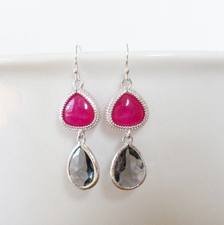 Pink and Grey Earrings - Fuschia and Charcoal Earrings - Silver Earrings - Gray Earrings - Weddings - Bridal - Mothers Day Gift