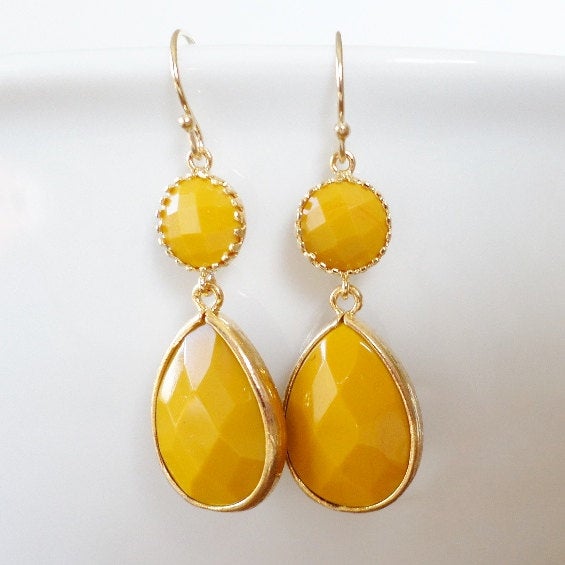 Yellow Earrings - Mustard yellow Earrings - Framed stone earrings - Drop Earrings - Gold Earrings - Bridal - Weddings - Mothers Day Gifts