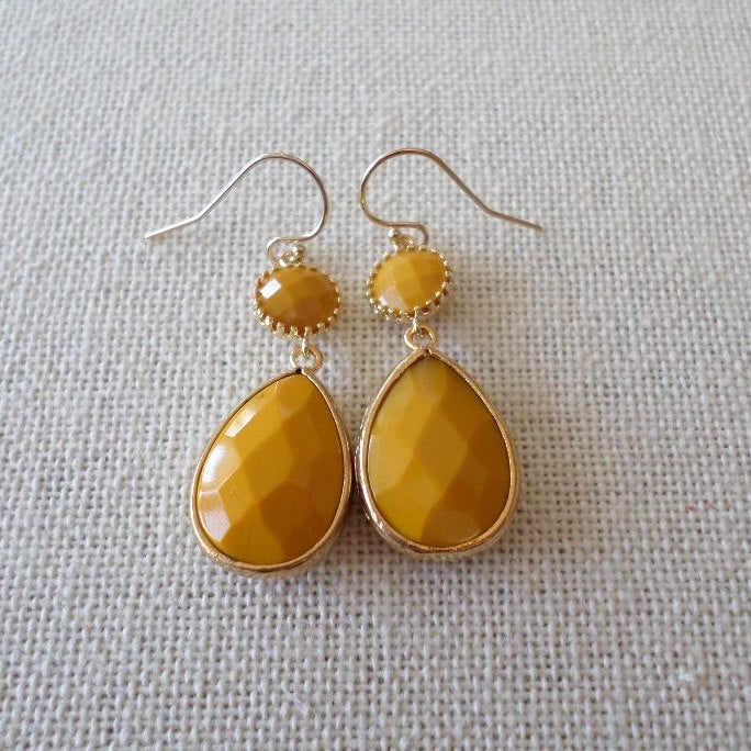 Yellow Earrings - Mustard yellow Earrings - Framed stone earrings - Drop Earrings - Gold Earrings - Bridal - Weddings - Mothers Day Gifts