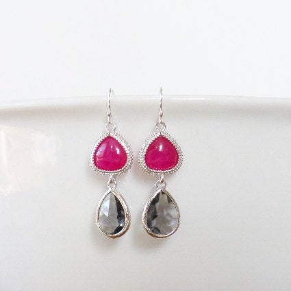 Pink and Grey Earrings - Fuschia and Charcoal Earrings - Silver Earrings - Gray Earrings - Weddings - Bridal - Mothers Day Gift