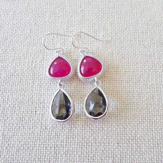 Pink and Grey Earrings - Fuschia and Charcoal Earrings - Silver Earrings - Gray Earrings - Weddings - Bridal - Mothers Day Gift