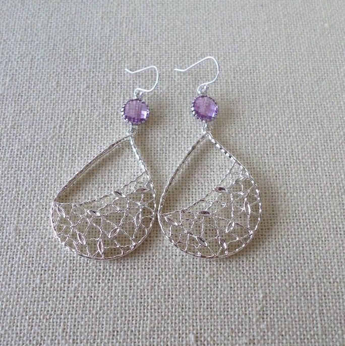 Lilac and Silver Drop Earrings - Purple Earrings - Silver Earrings - Silver Teardrop Earrings - Chandelier Earrings - Mothers Day Gift