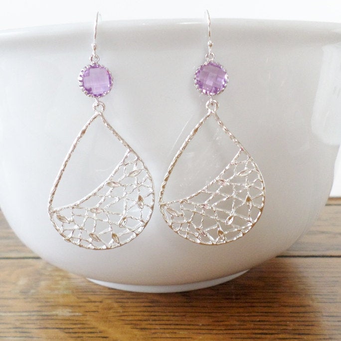 Lilac and Silver Drop Earrings - Purple Earrings - Silver Earrings - Silver Teardrop Earrings - Chandelier Earrings - Mothers Day Gift