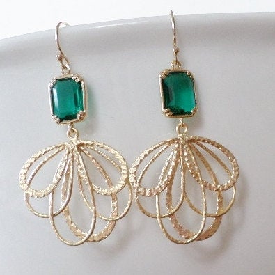 Emerald Earrings - Emerald and Gold Chandelier Earrings - Gold Earrings - May Birthstone - Birthstone Earrings - Graduation Present