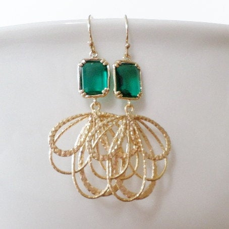 Emerald Earrings - Emerald and Gold Chandelier Earrings - Gold Earrings - May Birthstone - Birthstone Earrings - Graduation Present