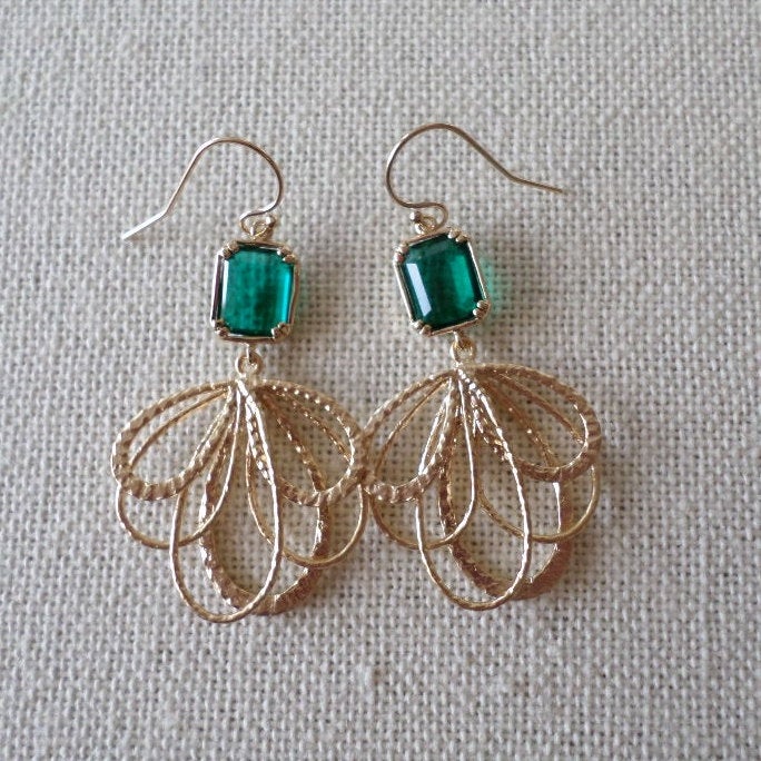 Emerald Earrings - Emerald and Gold Chandelier Earrings - Gold Earrings - May Birthstone - Birthstone Earrings - Graduation Present