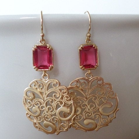 Garnet Earrings - Ruby and Gold Chandelier Earrings - Gold Earrings - Red Garnet Ruby - Birthstone Earrings - Graduation Present - Wedding