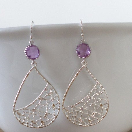 Lilac and Silver Drop Earrings - Purple Earrings - Silver Earrings - Silver Teardrop Earrings - Chandelier Earrings - Mothers Day Gift