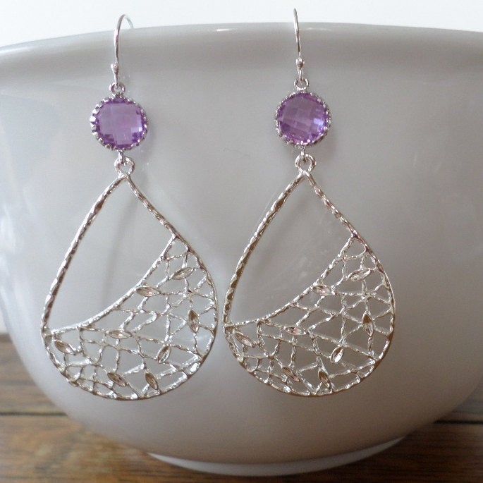 Lilac and Silver Drop Earrings - Purple Earrings - Silver Earrings - Silver Teardrop Earrings - Chandelier Earrings - Mothers Day Gift