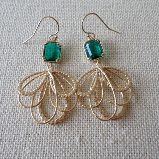 Emerald Earrings - Emerald and Gold Chandelier Earrings - Gold Earrings - May Birthstone - Birthstone Earrings - Graduation Present