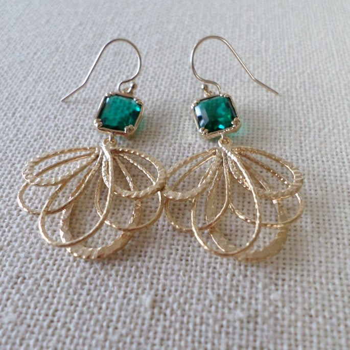 Emerald Earrings - Emerald and Gold Chandelier Earrings - Gold Earrings - May Birthstone - Birthstone Earrings - Graduation Present