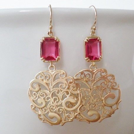 Garnet Earrings - Ruby and Gold Chandelier Earrings - Gold Earrings - Red Garnet Ruby - Birthstone Earrings - Graduation Present - Wedding