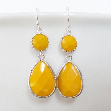 Silver Earrings, Yellow Earrings, Framed stone earrings, Drop Earrings, Gold Earrings - Bridal - Weddings - Mothers Day Gifts