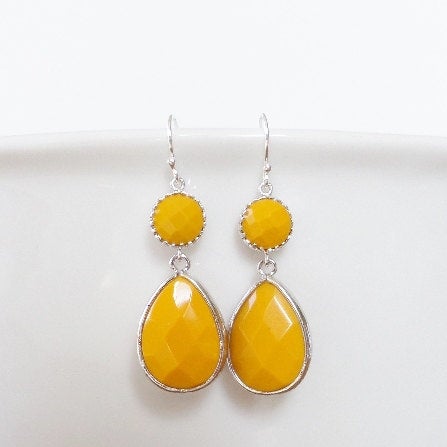 Silver Earrings, Yellow Earrings, Framed stone earrings, Drop Earrings, Gold Earrings - Bridal - Weddings - Mothers Day Gifts