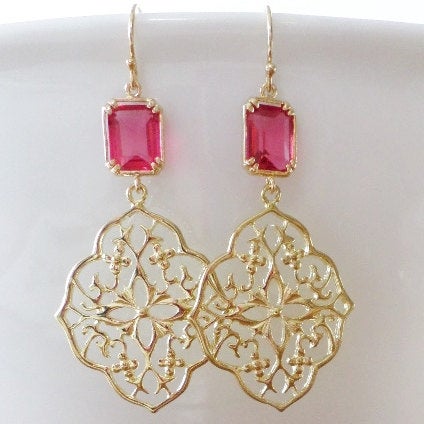 Ruby Earrings - Ruby and Gold Chandelier Earrings - Gold Earrings - Red Garnet and Ruby - Birthstone Earrings - Graduation Present - Wedding