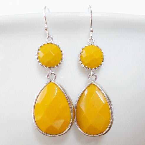 Silver Earrings, Yellow Earrings, Framed stone earrings, Drop Earrings, Gold Earrings - Bridal - Weddings - Mothers Day Gifts