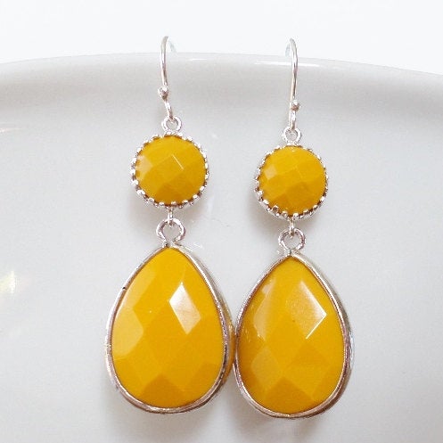 Silver Earrings, Yellow Earrings, Framed stone earrings, Drop Earrings, Gold Earrings - Bridal - Weddings - Mothers Day Gifts