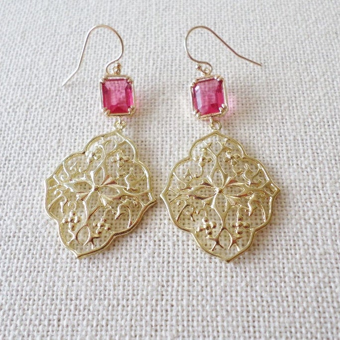 Ruby Earrings - Ruby and Gold Chandelier Earrings - Gold Earrings - Red Garnet and Ruby - Birthstone Earrings - Graduation Present - Wedding