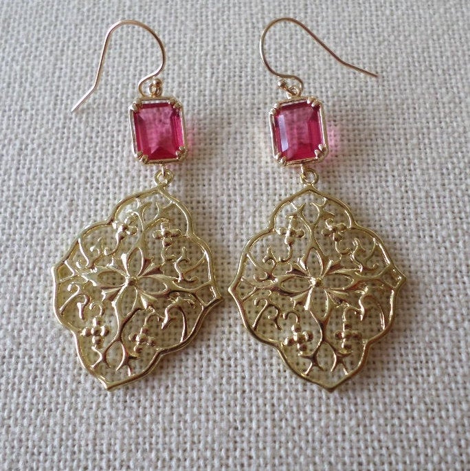 Ruby Earrings - Ruby and Gold Chandelier Earrings - Gold Earrings - Red Garnet and Ruby - Birthstone Earrings - Graduation Present - Wedding