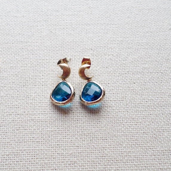 Moon Earrings - Gold moon and Blue Stone Earrings - Cobalt Blue and Gold Chandelier Earrings -Bridal - Gold Moon Earrings - Mothers Day Gift