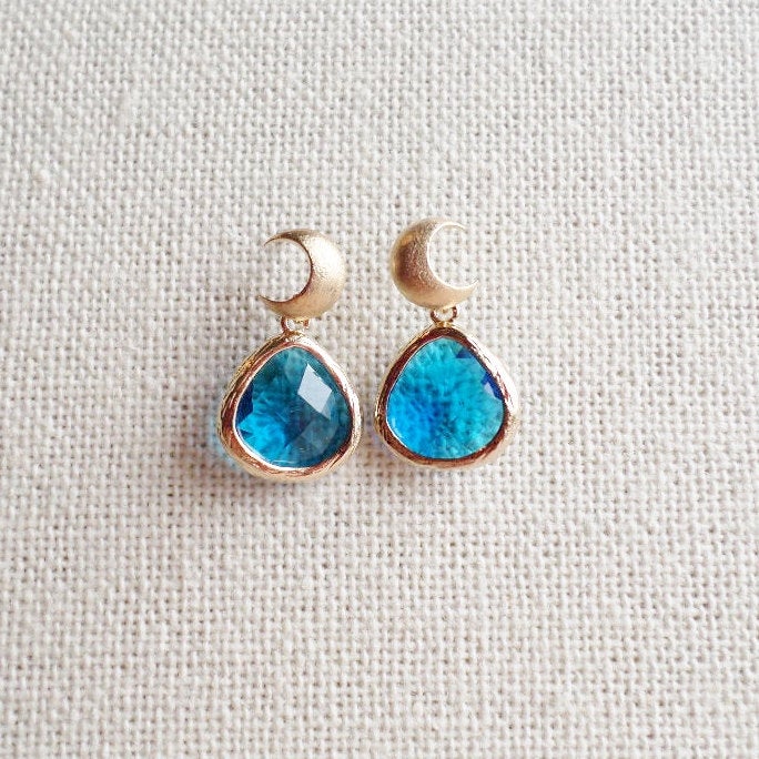 Moon Earrings - Gold moon and Blue Stone Earrings - Cobalt Blue and Gold Chandelier Earrings -Bridal - Gold Moon Earrings - Mothers Day Gift