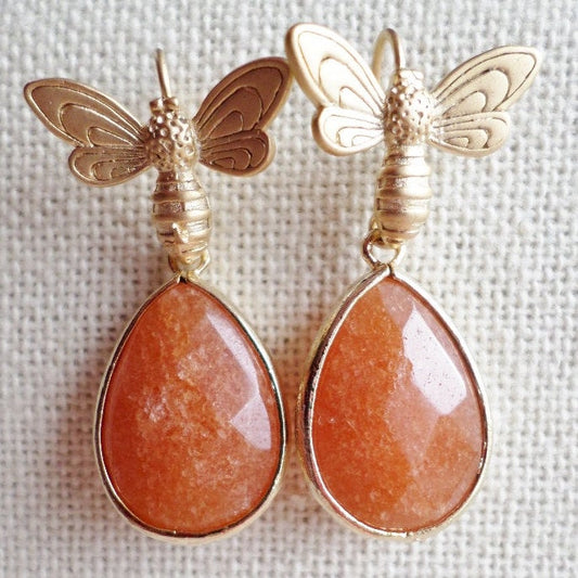 ONLY ONE AVAILABLE - Bee Earrings -Bee and Amber Framed Stone Earrings - Gold Earrings - Amber Earrings - Bridal - Mothers Day Gift