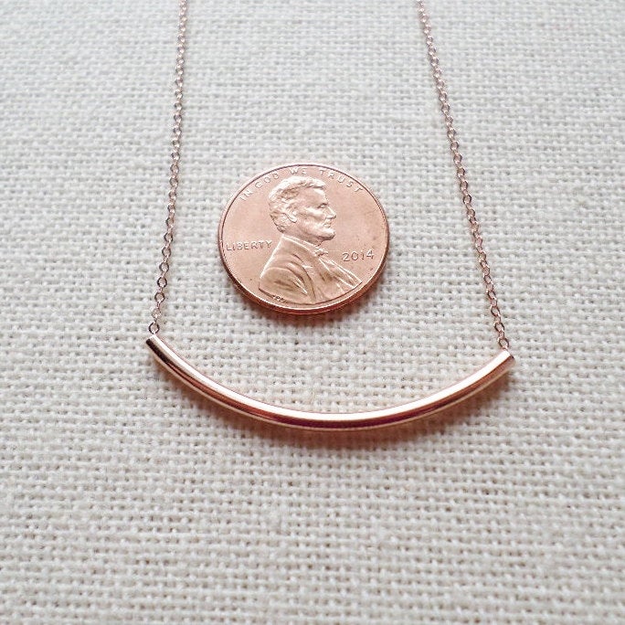 Bar Necklace, Rose Gold Bar Necklace, Tiny Gold Curved Bar Necklace, Pink Gold Filled Necklace, Bridesmaid Gifts, Wedding, Mothers Day Gift