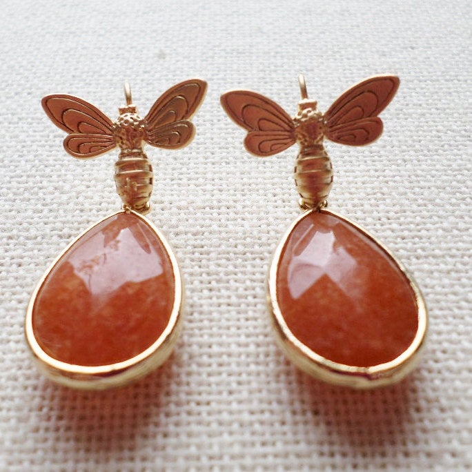 ONLY ONE AVAILABLE - Bee Earrings -Bee and Amber Framed Stone Earrings - Gold Earrings - Amber Earrings - Bridal - Mothers Day Gift