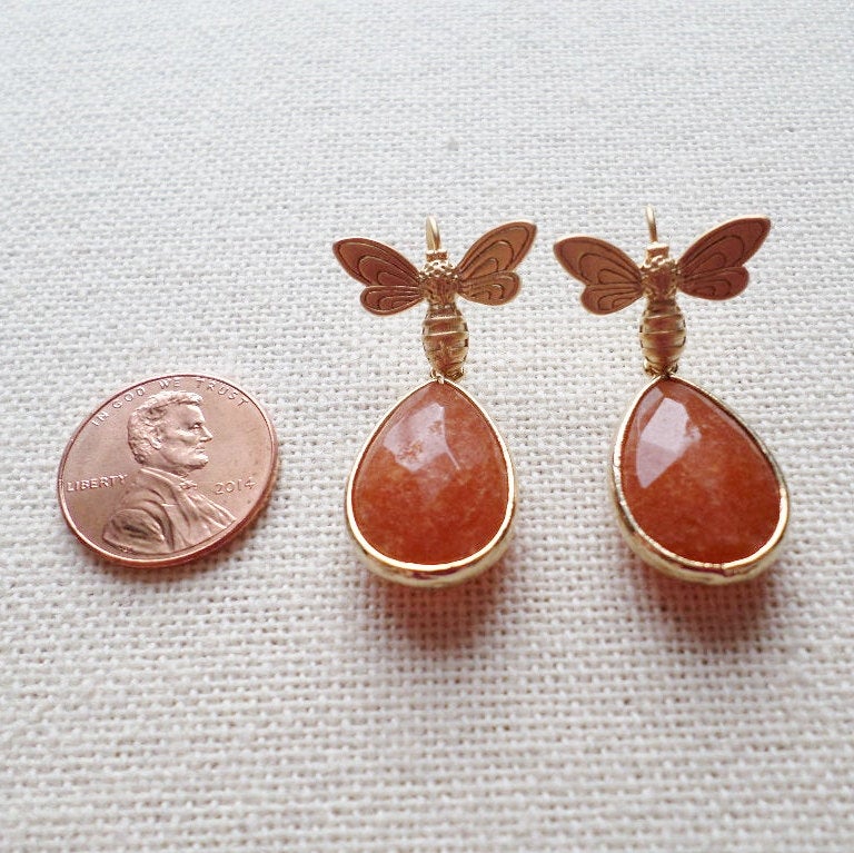 ONLY ONE AVAILABLE - Bee Earrings -Bee and Amber Framed Stone Earrings - Gold Earrings - Amber Earrings - Bridal - Mothers Day Gift