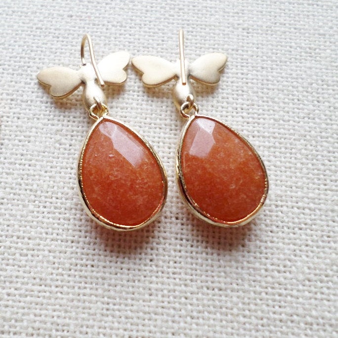 ONLY ONE AVAILABLE - Bee Earrings -Bee and Amber Framed Stone Earrings - Gold Earrings - Amber Earrings - Bridal - Mothers Day Gift