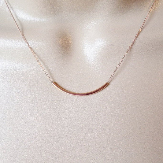 Bar Necklace, Rose Gold Bar Necklace, Tiny Gold Curved Bar Necklace, Pink Gold Filled Necklace, Bridesmaid Gifts, Wedding, Mothers Day Gift