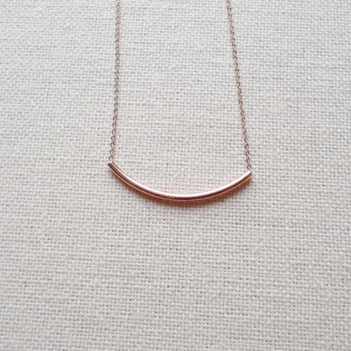 Bar Necklace, Rose Gold Bar Necklace, Tiny Gold Curved Bar Necklace, Pink Gold Filled Necklace, Bridesmaid Gifts, Wedding, Mothers Day Gift