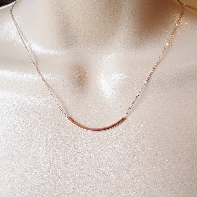 Bar Necklace, Rose Gold Bar Necklace, Tiny Gold Curved Bar Necklace, Pink Gold Filled Necklace, Bridesmaid Gifts, Wedding, Mothers Day Gift