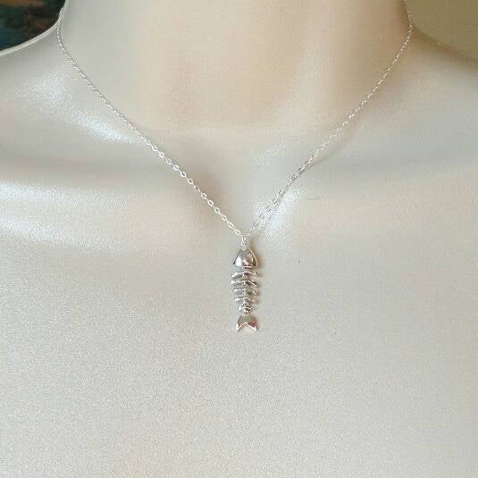 Last One - Fish Necklace - Silver Fish Bone Necklace - Sterling Silver and Rhodium Plated Brass Fish bones Necklace - Mothers Day Gift