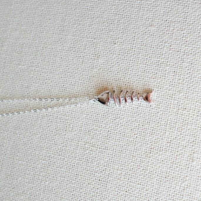 Last One - Fish Necklace - Silver Fish Bone Necklace - Sterling Silver and Rhodium Plated Brass Fish bones Necklace - Mothers Day Gift