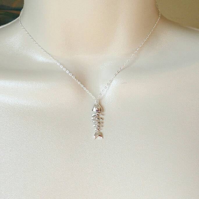 Last One - Fish Necklace - Silver Fish Bone Necklace - Sterling Silver and Rhodium Plated Brass Fish bones Necklace - Mothers Day Gift