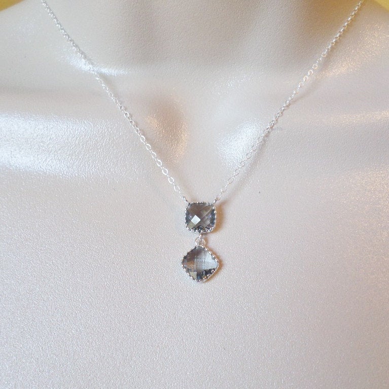 Silver and Grey Necklace, Drop Y Necklace, Layered Necklace, Sterling Silver Necklace,Framed Stone Necklace, Gifts for Women, Christmas Gift