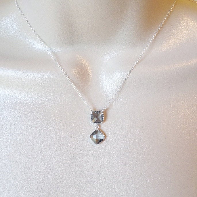 Silver and Grey Necklace, Drop Y Necklace, Layered Necklace, Sterling Silver Necklace,Framed Stone Necklace, Gifts for Women, Christmas Gift