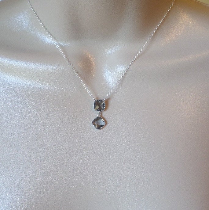 Silver and Grey Necklace, Drop Y Necklace, Layered Necklace, Sterling Silver Necklace,Framed Stone Necklace, Gifts for Women, Christmas Gift