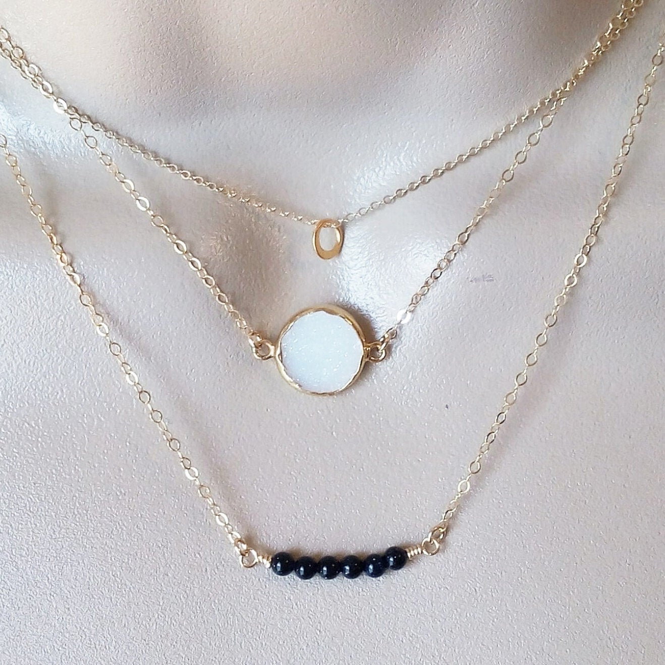 Triple Layered Necklace Set, Layering Necklaces, Eternity Necklace, Gold Druzy Necklace, White Druzy, Black Goldstone Necklace, Valentines