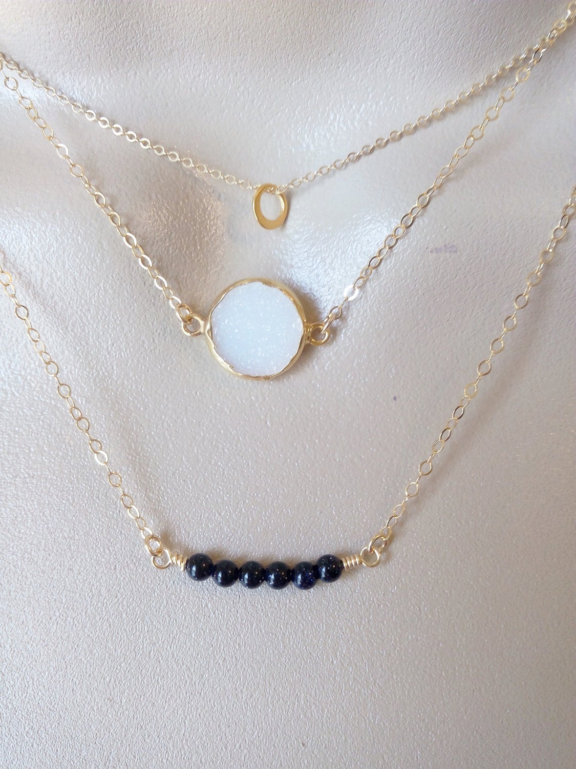 Triple Layered Necklace Set, Layering Necklaces, Eternity Necklace, Gold Druzy Necklace, White Druzy, Black Goldstone Necklace, Valentines