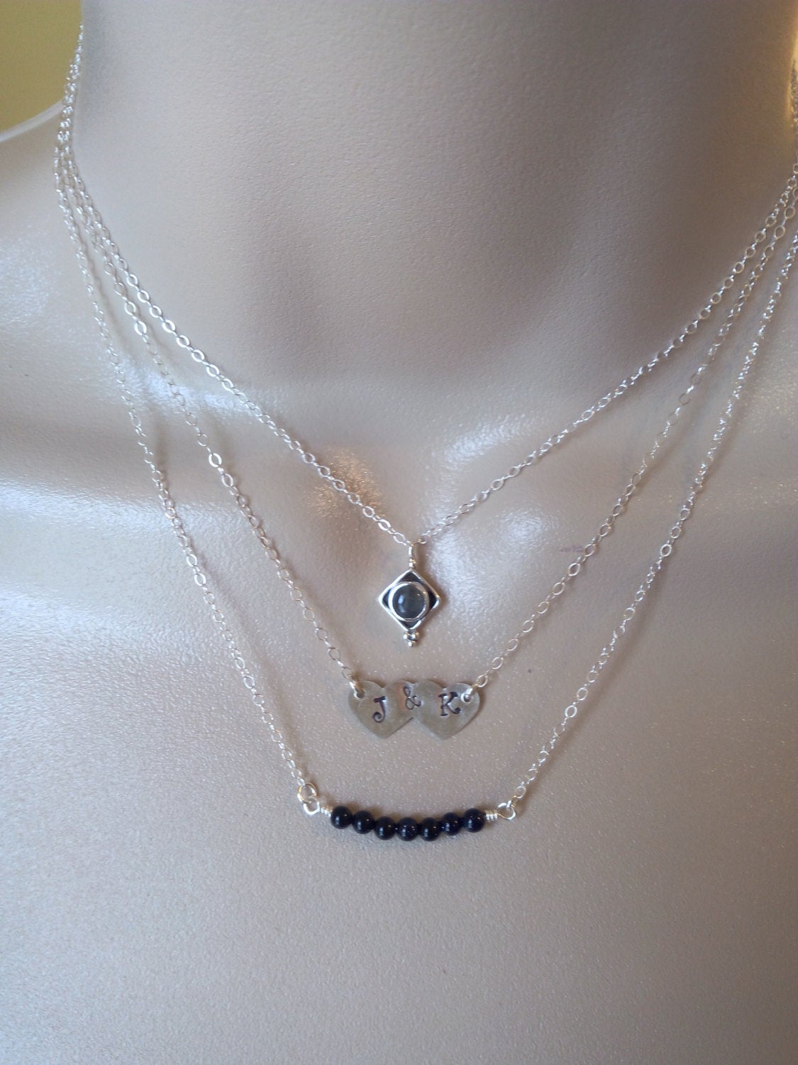 Triple Layered Necklace Set, Layering Necklaces, Labradorite Necklace, Silver Initial Heart Necklace Black Goldstone Necklace,Valentines Day