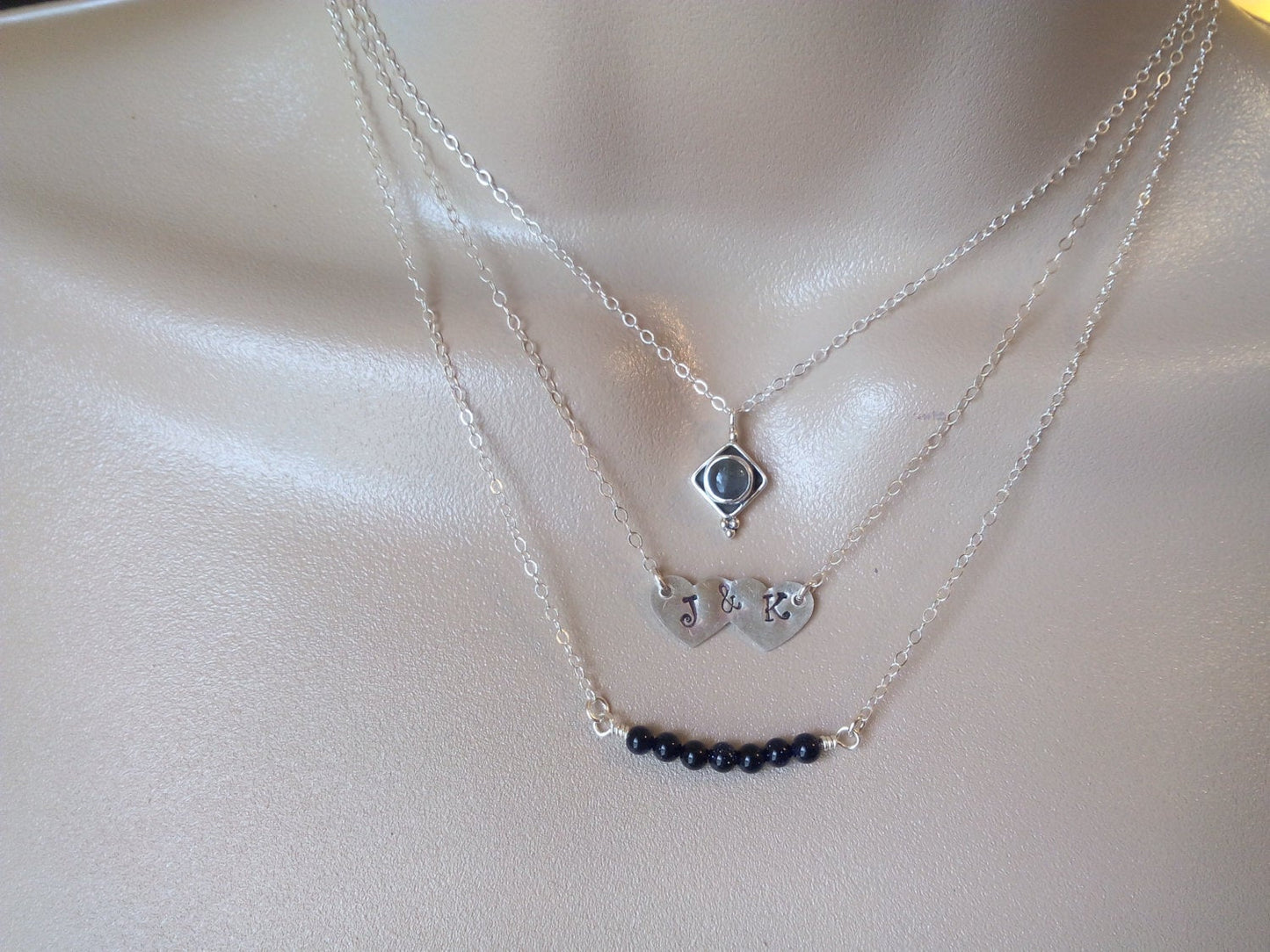 Triple Layered Necklace Set, Layering Necklaces, Labradorite Necklace, Silver Initial Heart Necklace Black Goldstone Necklace,Valentines Day