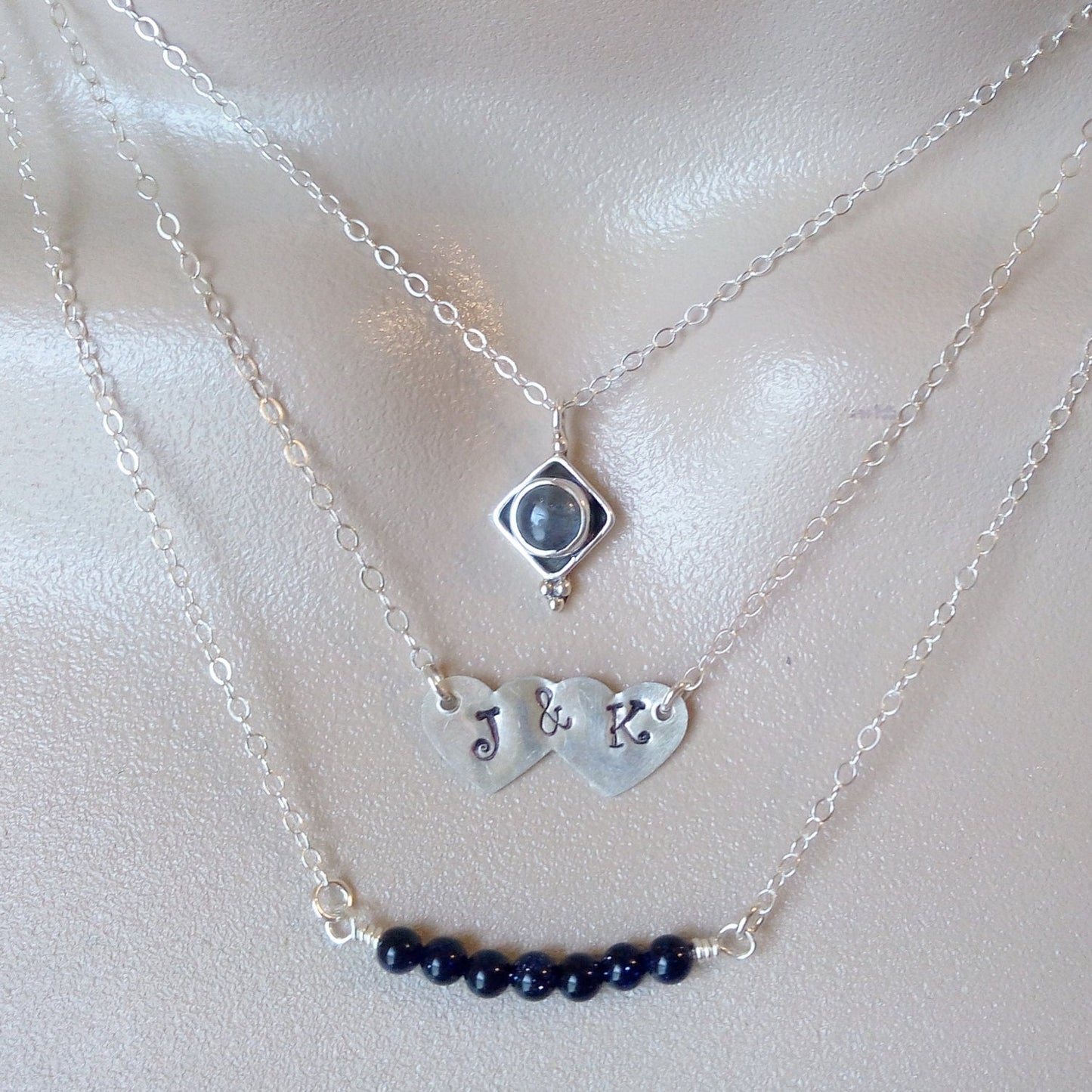 Triple Layered Necklace Set, Layering Necklaces, Labradorite Necklace, Silver Initial Heart Necklace Black Goldstone Necklace,Valentines Day