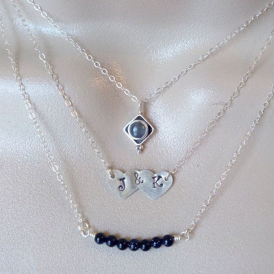 Triple Layered Necklace Set, Layering Necklaces, Labradorite Necklace, Silver Initial Heart Necklace Black Goldstone Necklace,Valentines Day