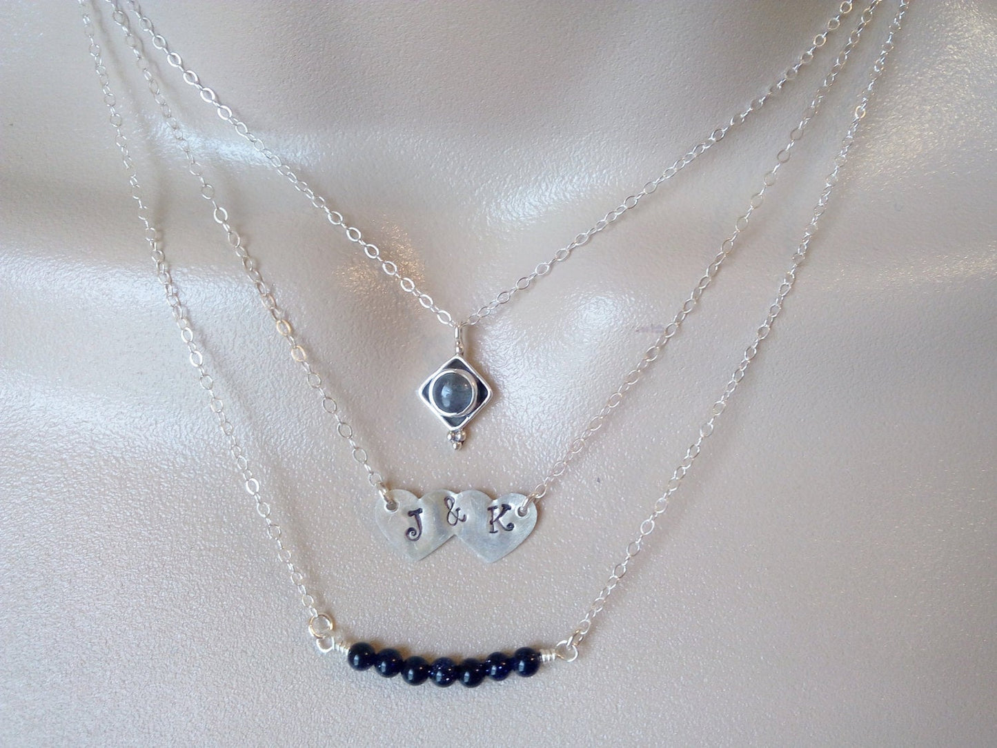 Triple Layered Necklace Set, Layering Necklaces, Labradorite Necklace, Silver Initial Heart Necklace Black Goldstone Necklace,Valentines Day